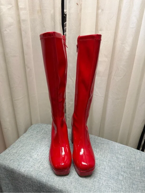 Dream Pairs Red Patent Knee High Platform Boots Chunky Heel Retro Go-Go