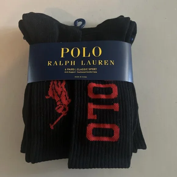 POLO RALPH LAUREN CLASSIC‎ SPORT MEN CREW SOCKS SIZE 10-13 6 PAIR PACK NEW