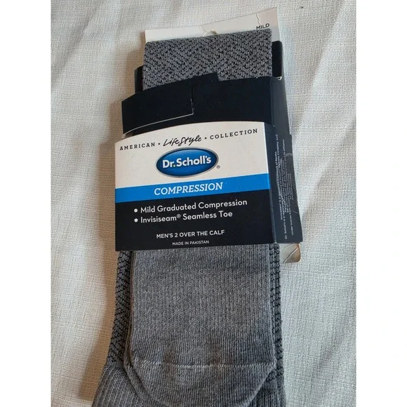 Dr. Scholls Mens 2 Pack Compression Socks Over The Calf Grey Chevron 7-12 NEW