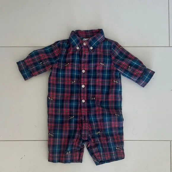 Ralph Lauren Plaid Button-Up Baby Romper Newborn embroidered dogs
