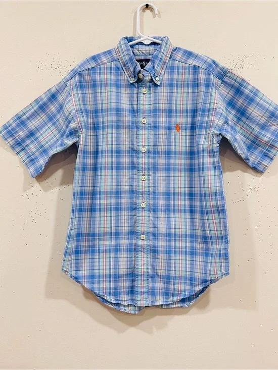 Ralph Lauren Childrens Blue Plaid Short Sleeve Dress Shirt Orange Pony Size 8/10