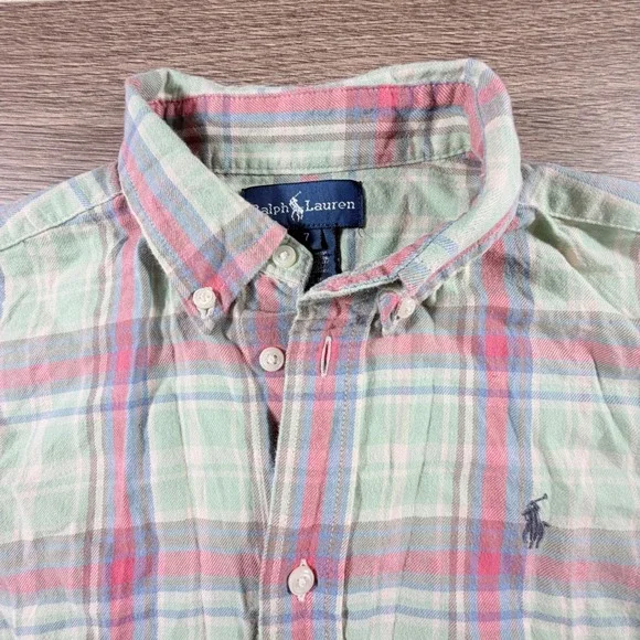 Ralph Lauren Boys Flannel Plaid Button Down Shirt Green Pink Size 7 Fall Preppy