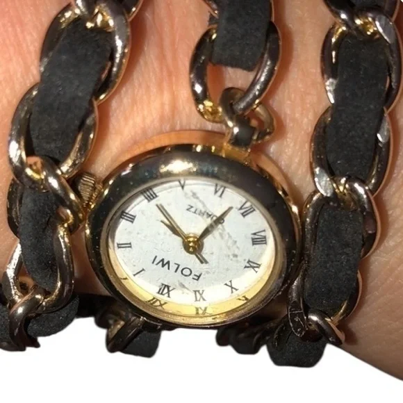 Quartz Black chain Wrap Watch gold and suede w/ lobster clasp