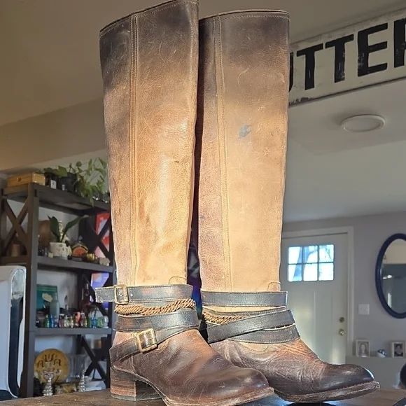 Freebird Aspen Knee High Leather Boots Straps Zip Back Brown Saddle Leather 7