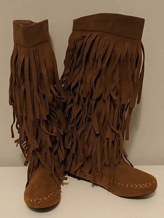 Faux Suede Multi-Tiered Fringe Moc Toe Knee-High Boots 6