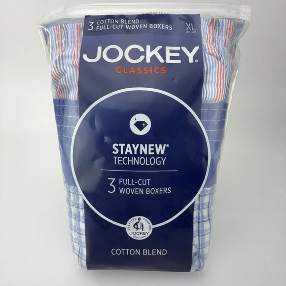 Jockey Classics 3 Pack Full-Cut Woven Boxers XL 40-42 Blue White Plaid‎ Stripe