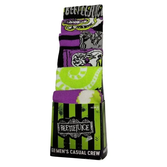 Beetlejuice Men's Crew Socks 6 Pack | Bioworld‎ Recycled Yarn Halloween Gift