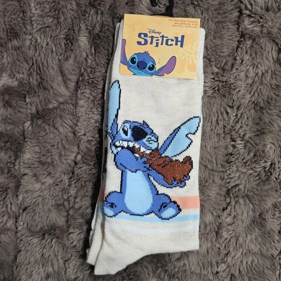 Disney Stitch Crew Socks Mens Womens Size 6-12 Cream Blue‎ Easter