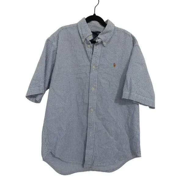 Ralph Lauren Boys Sz 12/14 Blue Striipe Short Sleeve Oxford Shirt Preppy
