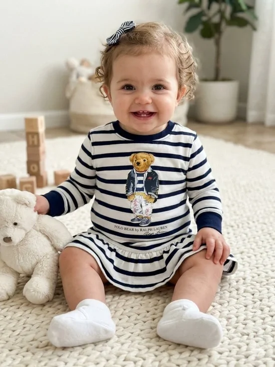 Ralph Lauren Baby Girl Polo Bear Long Sleeve Stripe Drop Waist Dress 12 Months