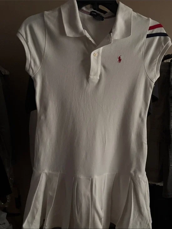 Ralph Lauren White Polo Dress with Red Pony and Red/Navy Shoulder Stripes