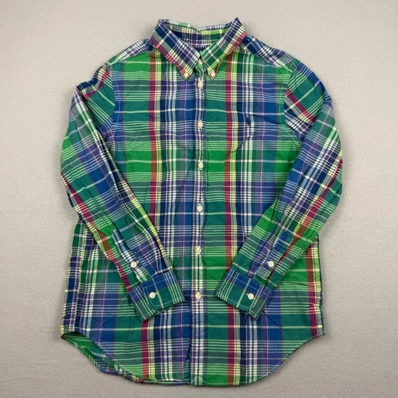 Vintage Ralph Lauren Boys Large 14-16 Green Plaid Button Down Shirt Pony Logo