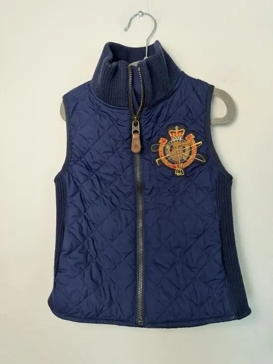 Ralph Lauren Kids Girls Quilted Navy Crest Vest Jacket Zip Pockets Sz 7 Logo