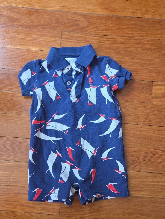 Ralph Lauren Navy Polo Romper with Red & White Sailboat Motif