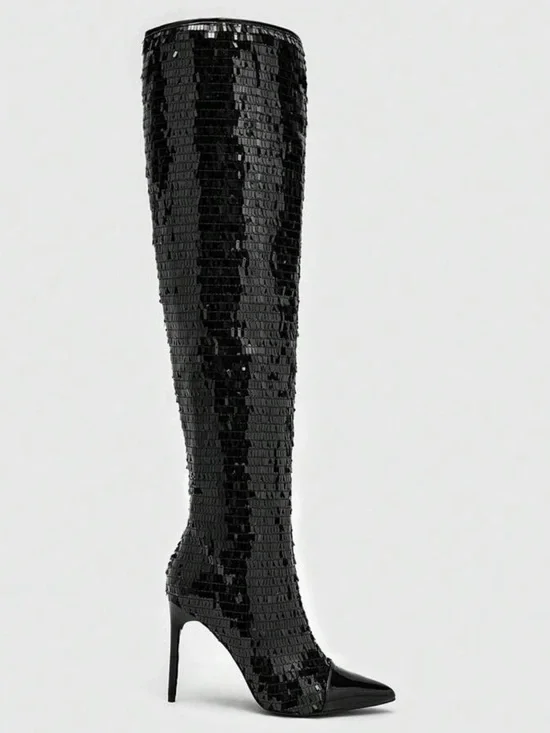 Black Sequins Knee-High Stiletto Heel Boot