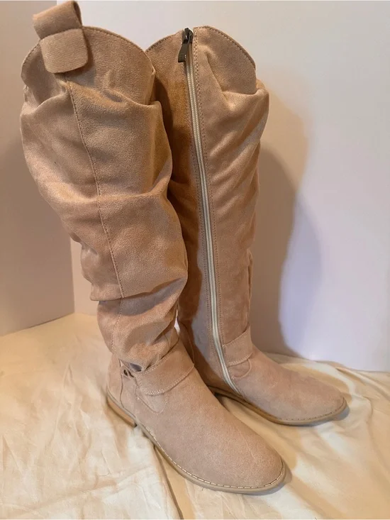 Women's Over-the-Knee Slouch Boots in Light Beige Suede