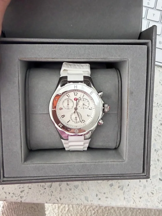 Michele White Chronograph Watch with Silver-Tone Case