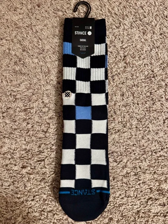 NWT Stance Men's Checkerboard Crew Socks in Black, White & Blue