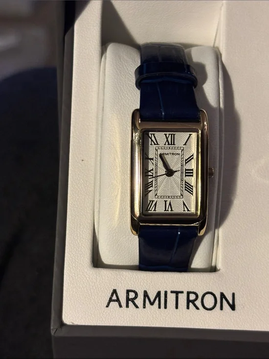 Armitron Gold-Tone Rectangle Watch with Navy Leather Strap