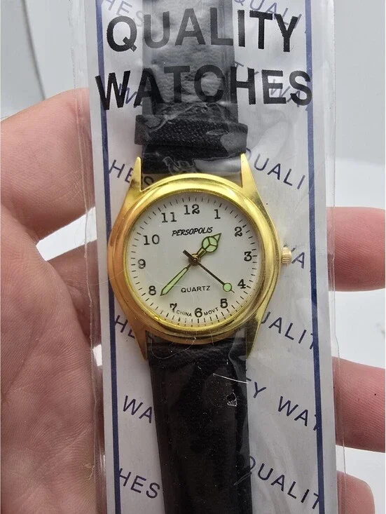 Persopolis Quartz Watch Gold Tone Case Cream Dial Luminous Hands Black Strap