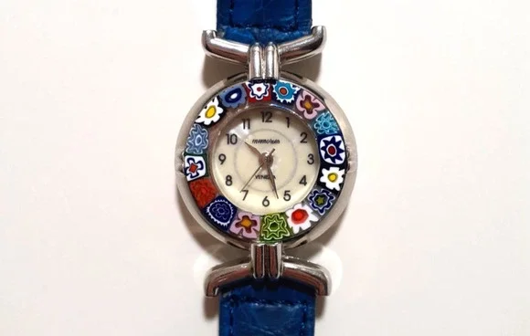 Women's Watch Glass of Venice Murano Millefiori Luxury with Blue Leather Band