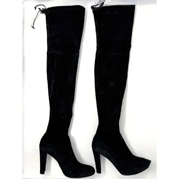 Stuart Weitzman Black Suede Over the Knee Block High Heel Boots 7.5 M 09341