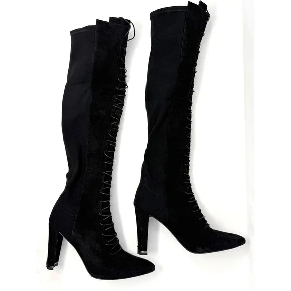 Stuart Weitzman Black Suede Lace Up Knee High Block Heel Boots 8M 51359