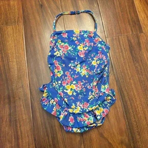Ralph Lauren blue floral halter one piece bathing suit