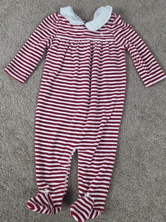 Striped Red & White Footed One-Piece for Kids with Ruffle Collar
