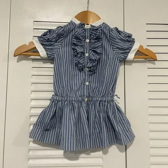 Ralph Lauren Baby Girls 9M Blue White Striped Ruffle Puff Sleeve Cotton Dress