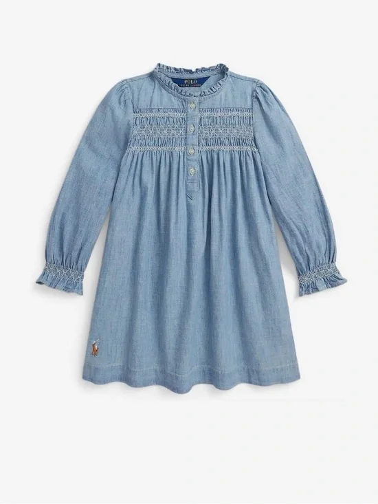 Ralph Lauren Light Blue Chambray Smocked Long-Sleeve Dress