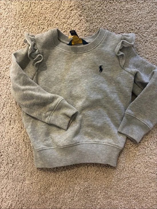 Ralph Lauren Light Gray Ruffle-Shoulder Sweatshirt with Navy Pony