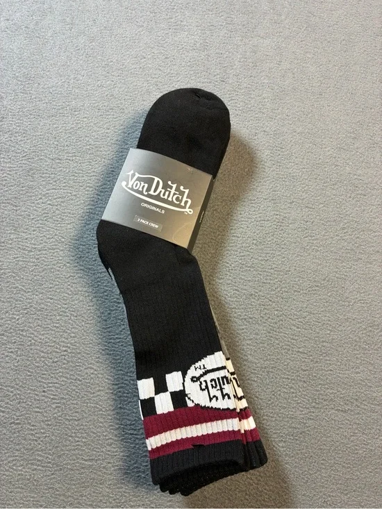 Von Dutch Black Crew Socks with Burgundy & White Stripes