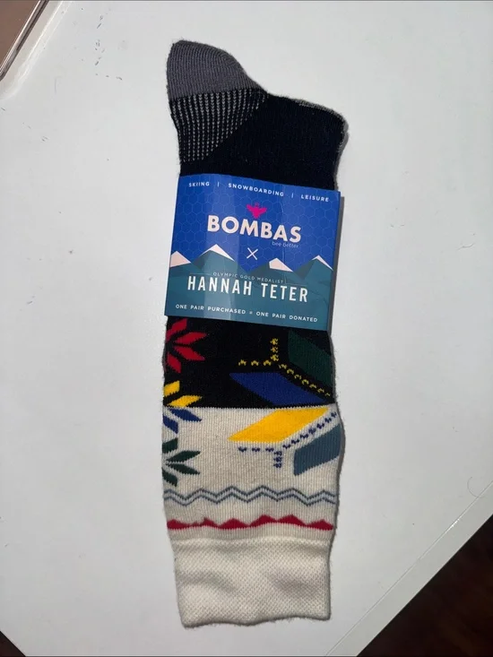Bombas X Hannah Teter Crew Socks in Black, White, Yellow and Blue