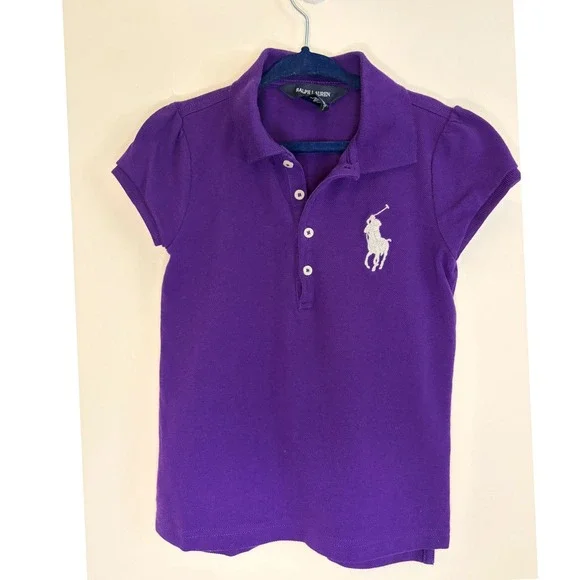 Ralph Lauren Girls Purple White Big Pony Cotton Pique Polo Shirt Size 6 Preppy