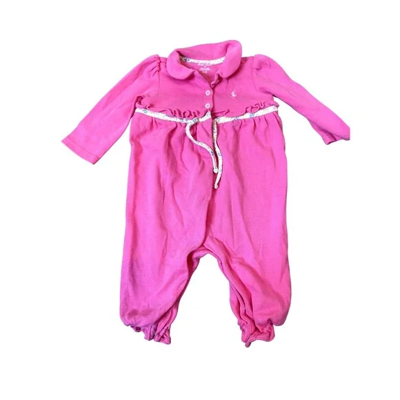 Ralph Lauren Romper Baby Girls 6M Pink Long Sleeve Peter Pan Collar‎ Polo Pony