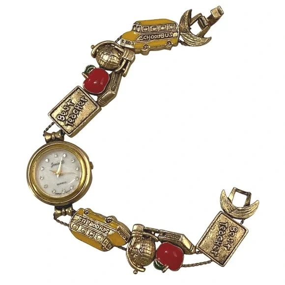 Vtg Y2K Jennie B Watch Women Gold Tone Enamel Charm Bracelet School Teacher 7.5