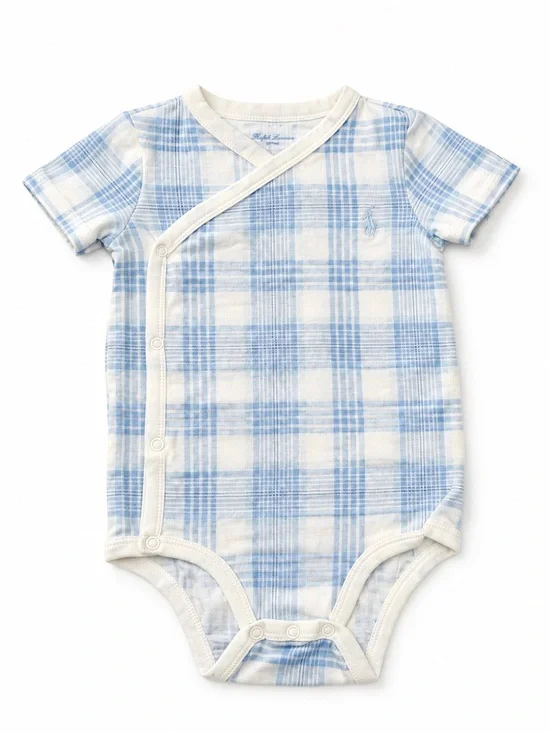Ralph Lauren Blue and White Plaid Wrap-Front Baby Bodysuit
