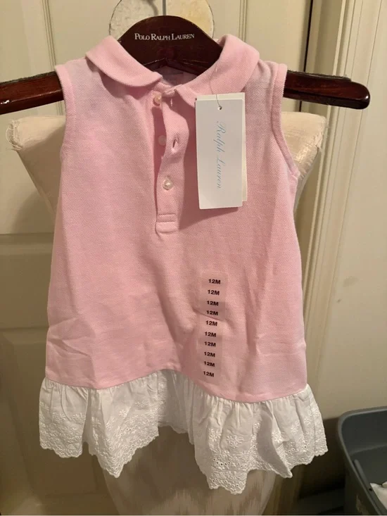 Ralph Lauren 12m nwt Pink Sleeveless Polo dress with White Eyelet Hem - Kids $55