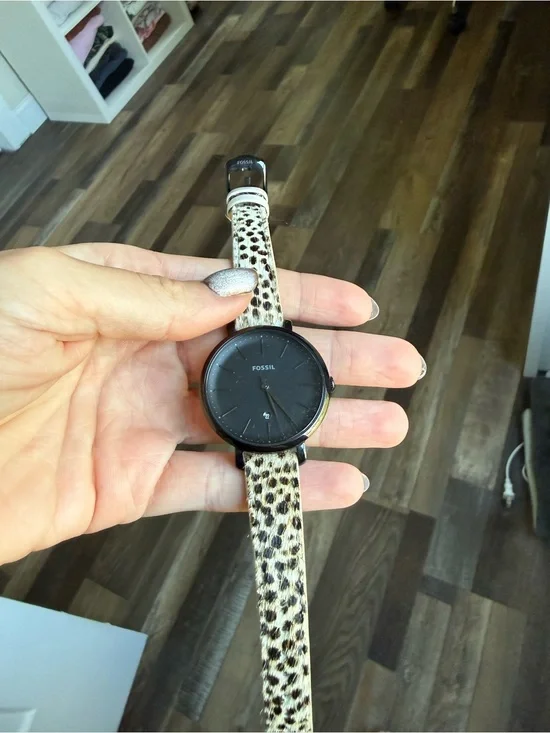 Fossil Black Dial Watch with Leopard-Print Strap