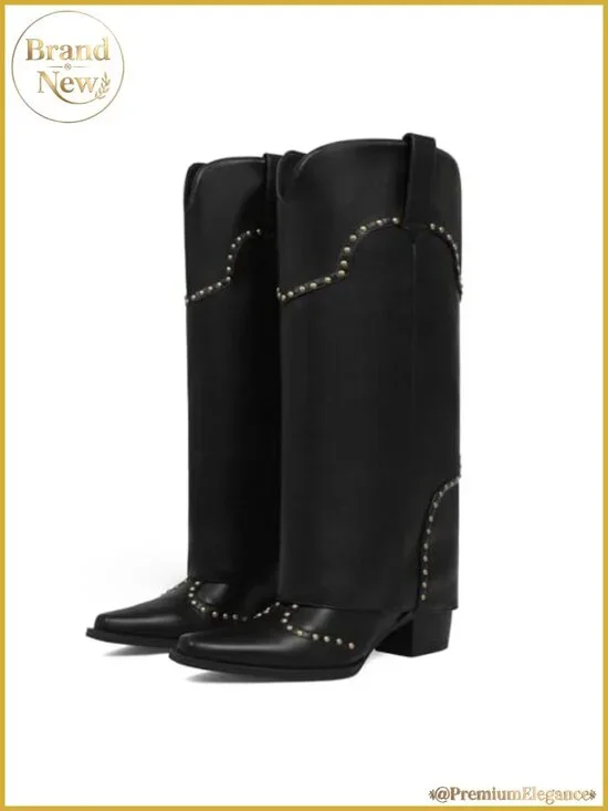 Fold Over Knee High Boots Chunky Heel Studded Snip Toe Women's