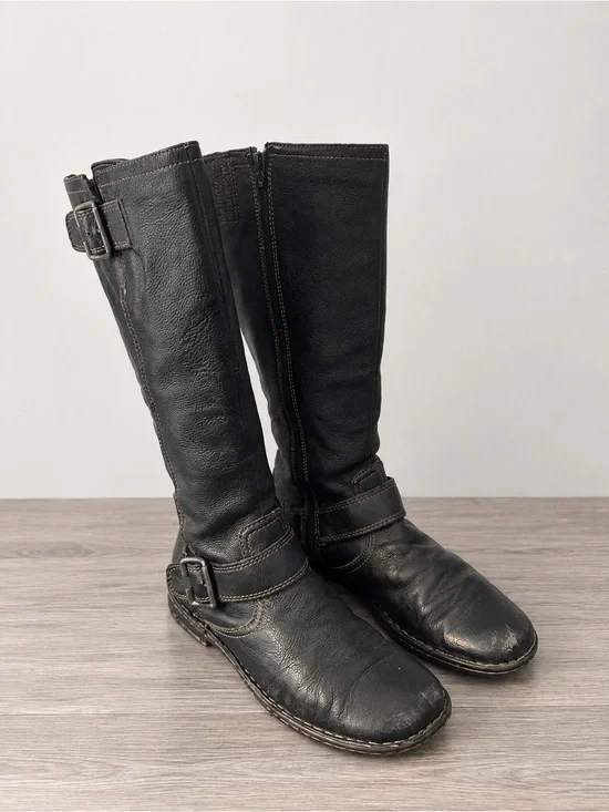 boc Black Leather Boots with Buckle Straps