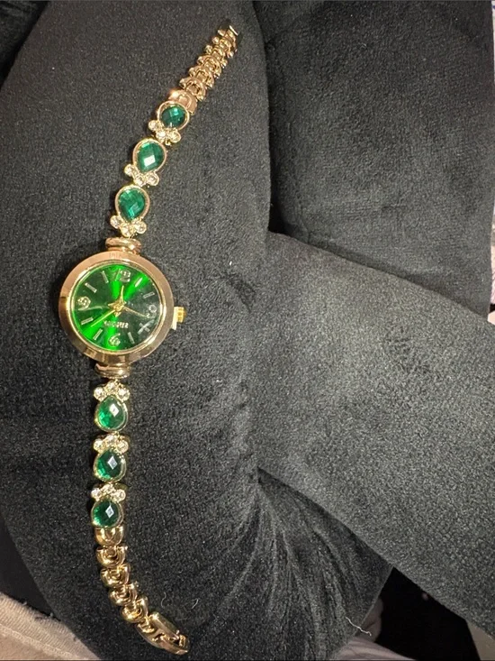 Gold-Tone Women's Bracelet Watch with Green Crystal Accents