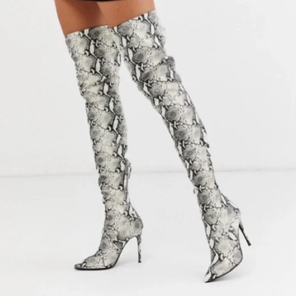 Steve Madden Snake Print Over-the-Knee Stiletto Boots in Grey and Cream