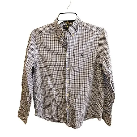 Ralph Lauren Boys Blue Gingham check button down shirt Size Large plaid preppy