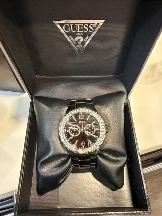 GUESS Y2K Black womens Crystal Bezel Bracelet Watch