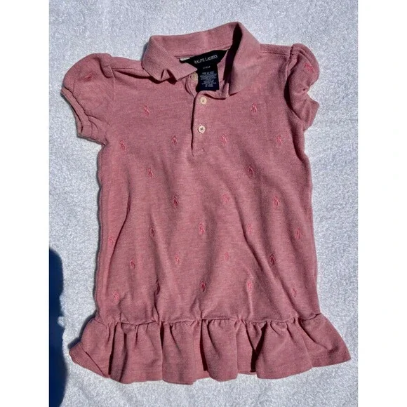 Ralph Lauren Girls 18-24M Pink Collared Knit Polo Shirt Dress Ruffle Hem Logo
