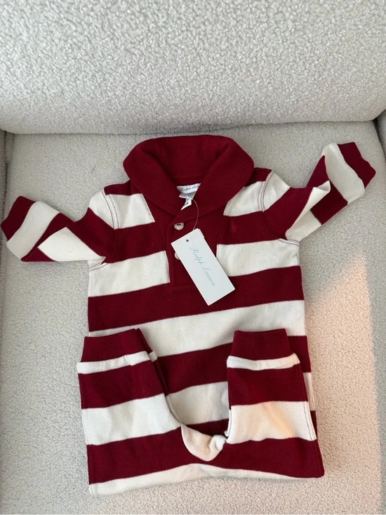 Ralph Lauren Red and White Striped Shawl-Collar One-Piece