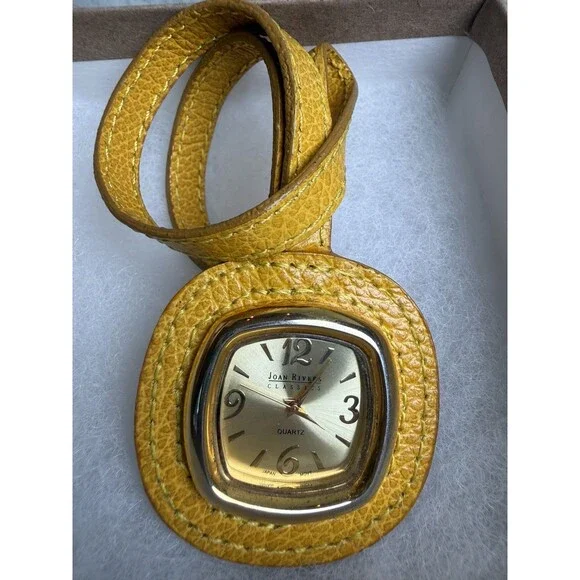 Vintage Joan Rivers Classics Mustard Yellow Leather Bag Charm Watch Square Gold