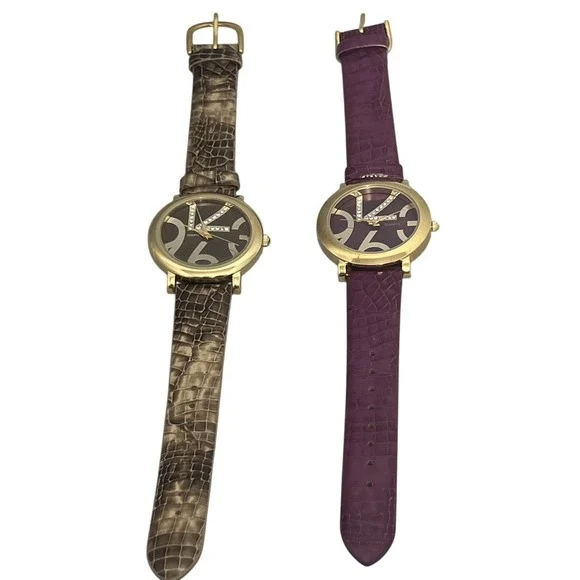 Fashion Quartz Wristwatch Set Gold‎ Tone Case Faux Croc Band K Crystal Dial